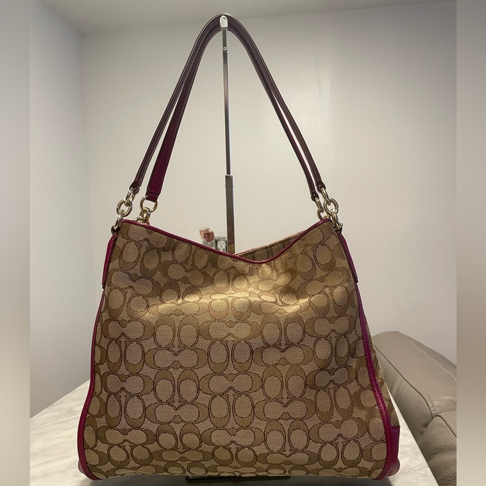 Coach Signature Canvas Tote Bag - Fuchsia Leather and Brown. Shoulder Bag